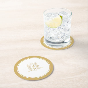 Monogram heart crown crest gold wedding round paper coaster