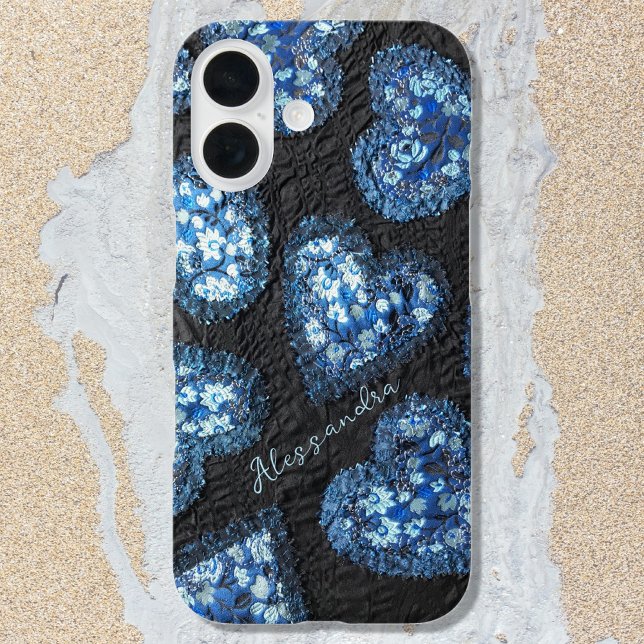 Monogram heart floral black blue pattern iPhone 16 case (Creator Uploaded)