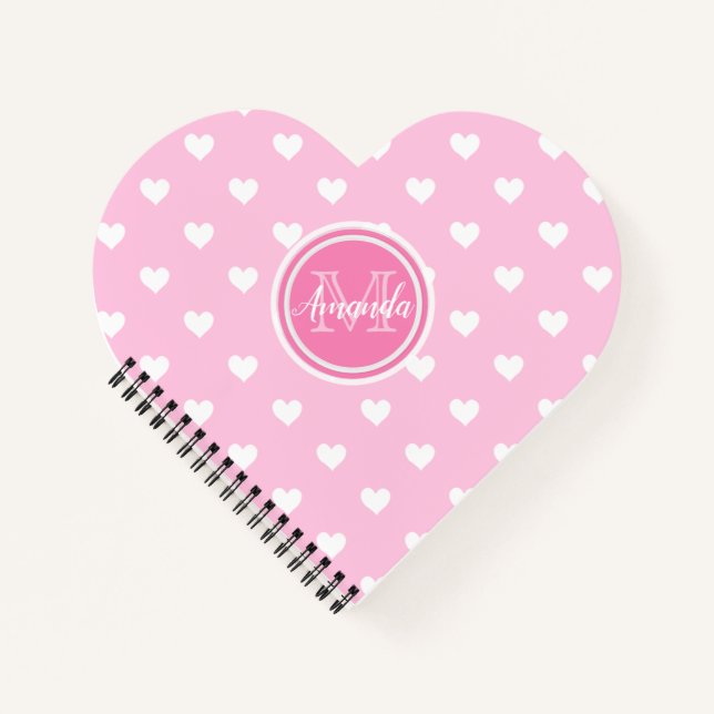 Monogram Heart Shaped Notebook: Pink White Hearts Notebook (Front)