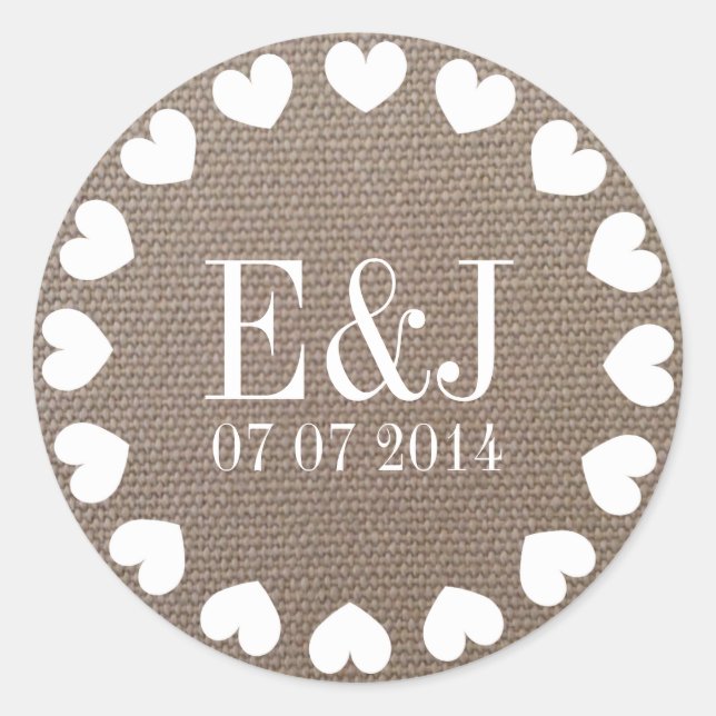 Monogram heart wedding stickers | burlap texture (Front)