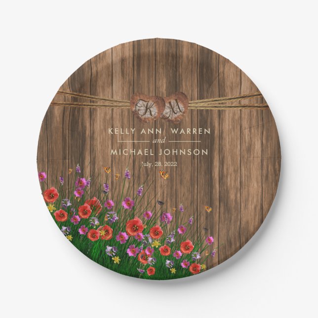 Monogram Heart with Spring Wildflowers Paper Plate (Front)