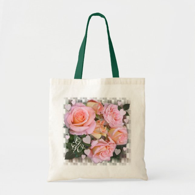 Monogram Hearts and Pink Roses Tote Bag (Front)