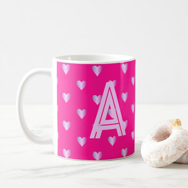 Monogram Hearts Hot Pink Lilac Coffee Mug (With Donut)