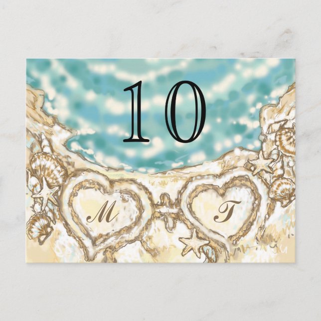 Monogram Hearts on the Beach Table Card (Front)