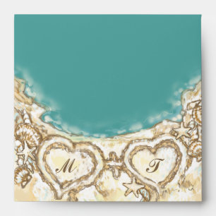 Monogram Hearts on the Beach Wedding Envelope