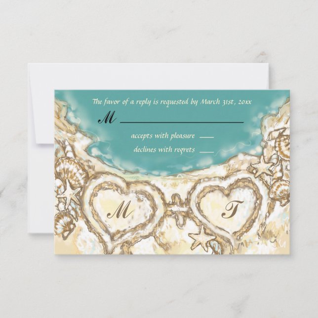 Monogram Hearts on the Beach Wedding RSVP Card (Front)