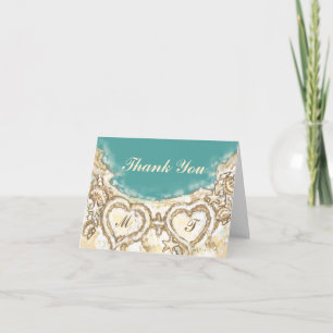 Monogram Hearts on the Beach Wedding Thank You Card