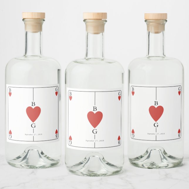 Monogram Hearts Playing Card Wedding  Liquor Bottle Label (Bottles)