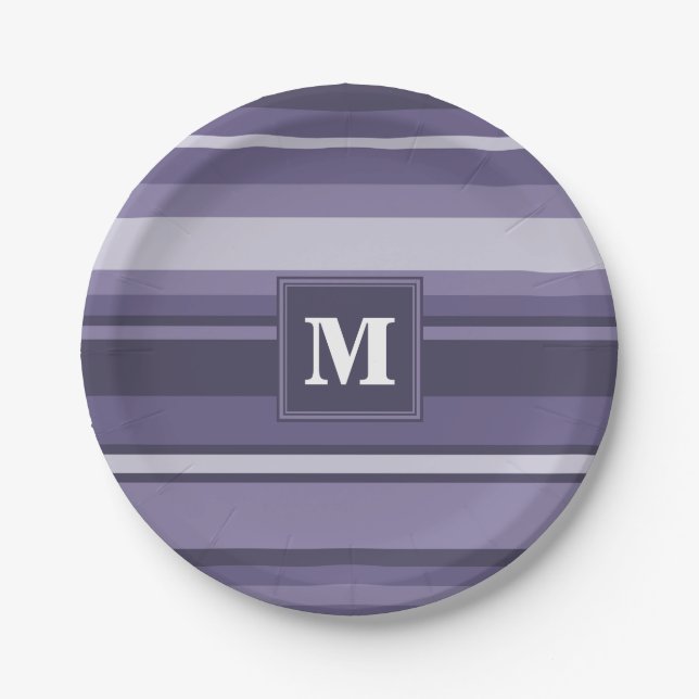 Monogram heather purple stripes paper plate (Front)
