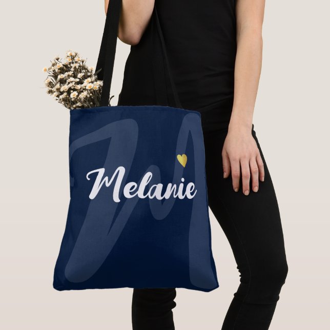 Monogram Her Name Heart Blue Tote Bag (Close Up)