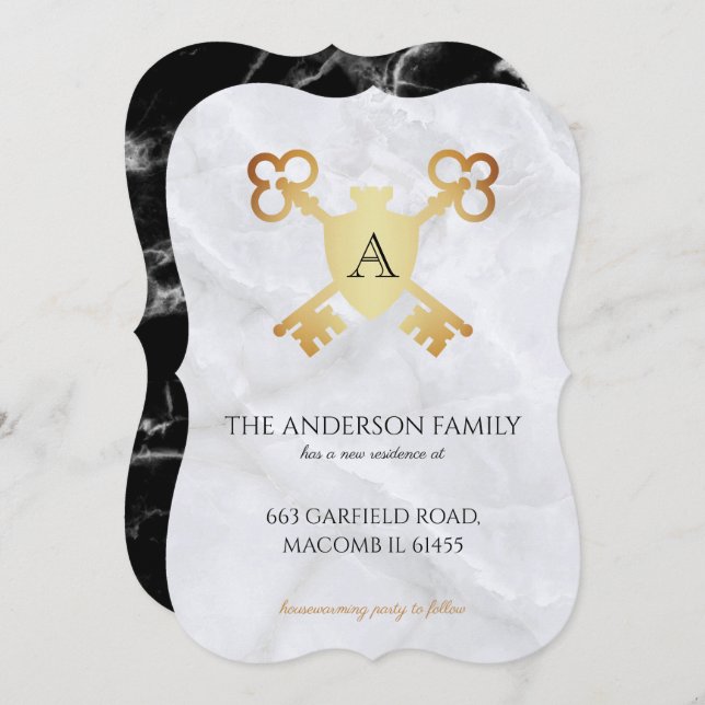 Monogram Heraldic Crest Black White Marble Moving Announcement (Front/Back)