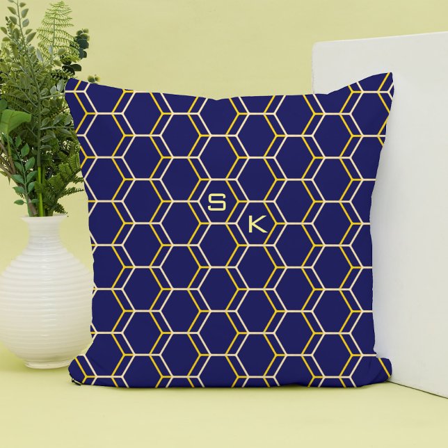 Monogram hexagon pattern blue yellow Manly Elegant Cushion (Creator Uploaded)