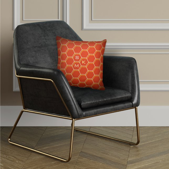 Monogram hexagon pattern orange yellow Manly Cushion (Creator Uploaded)