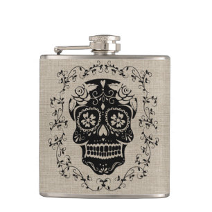 Monogram Hipster Black Sugar Skull on Burlap Hip Flask