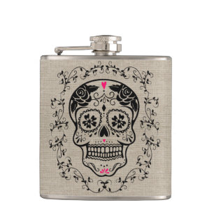 Monogram Hipster Sugar Skull on Burlap Hip Flask