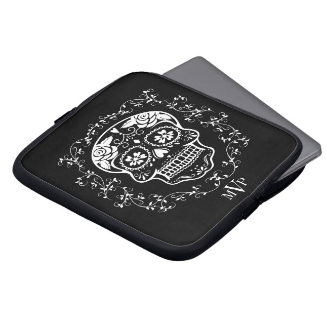 Monogram Hipster White Sugar Skull Laptop Sleeve (Front Top)