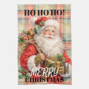 Monogram Ho ho ho Merry Christmas Santa red Tea Towel
