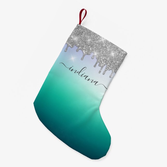 Monogram Holiday Script Name Silver Glitter Ombre Small Christmas Stocking (Front (Hanging))