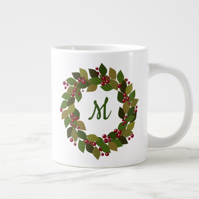 Monogram Holiday Wreath | Berries and Leaves Large Coffee Mug (Right)