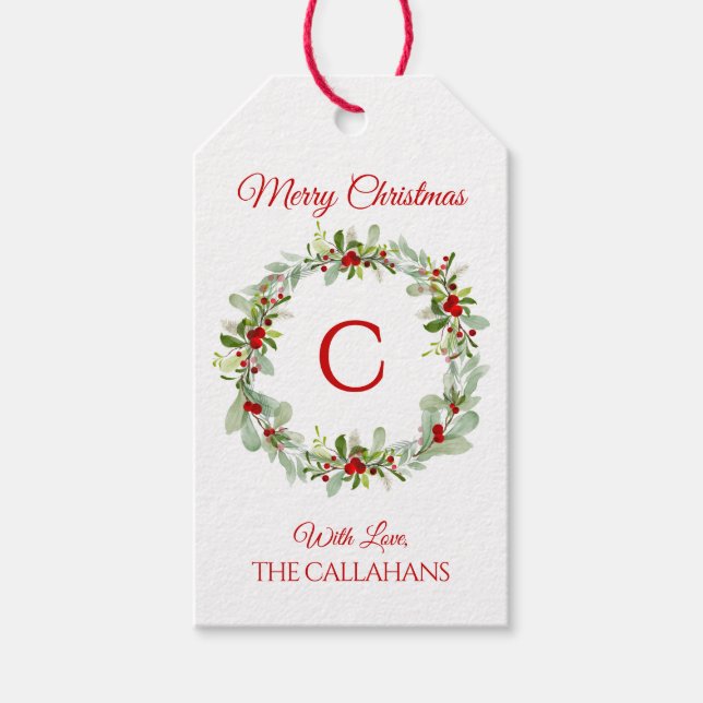 Monogram Holiday Wreath Gift Tag (Front)