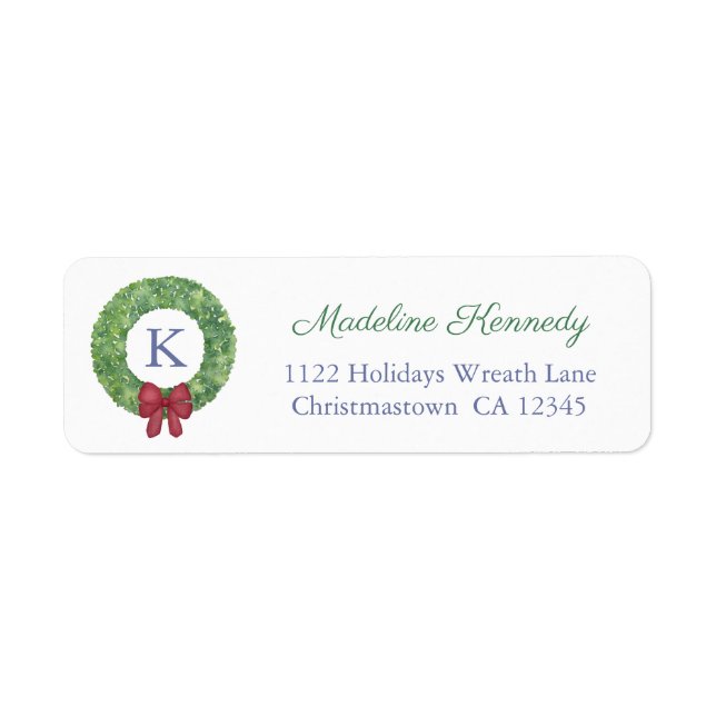 Monogram Holidays Wreath Red Green Return Address Label (Front)