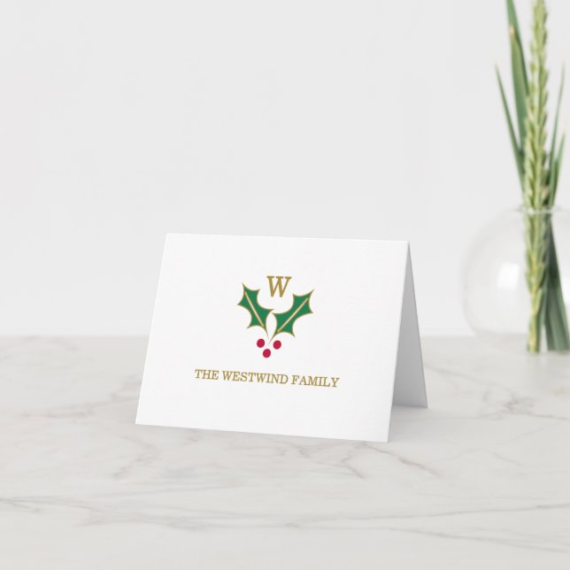 Monogram Holly and Berries Folded Note Card (Front)