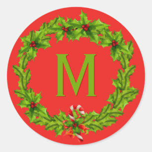 Monogram Holly Berry Wreath Classic Round Sticker