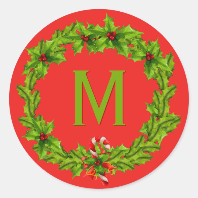 Monogram Holly Berry Wreath Classic Round Sticker (Front)