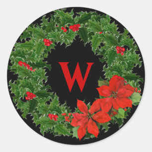 Monogram Holly Wreath Christmas on Black Classic Round Sticker