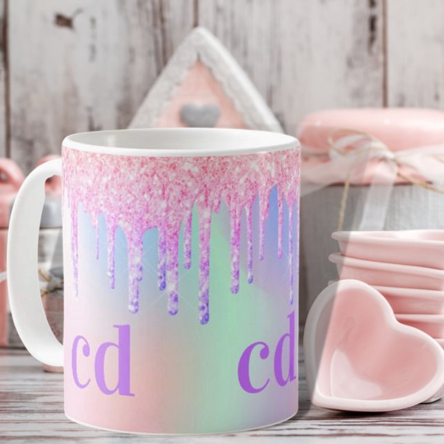 Monogram holographic unicorn glitter drip rainbow coffee mug (Creator Uploaded)