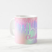 Monogram holographic unicorn glitter rainbow name coffee mug (Front Left)