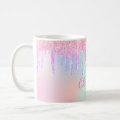 Monogram holographic unicorn glitter rainbow name coffee mug (Left)