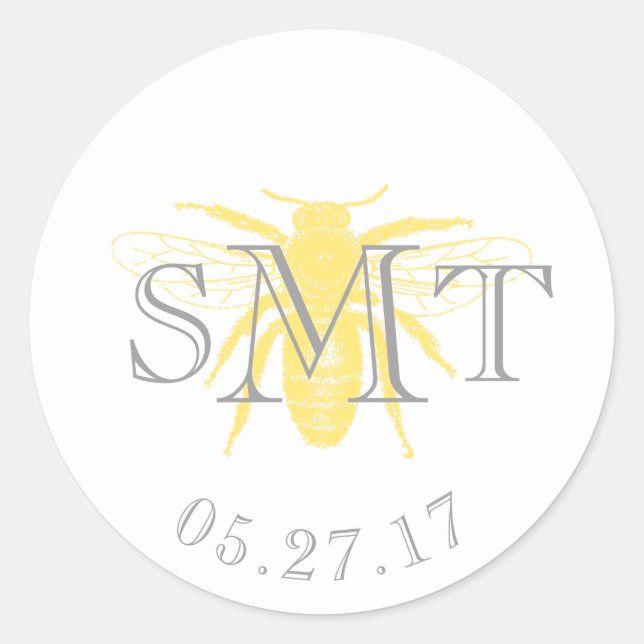Monogram Honeybee Favour Sticker- Grey and Yellow Classic Round Sticker (Front)