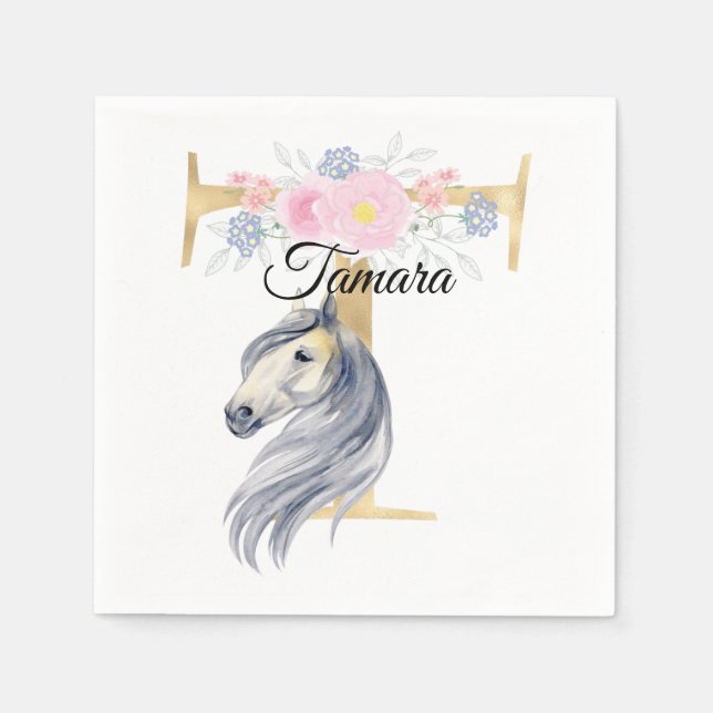Monogram horse add name customizeable girly floral napkin (Front)