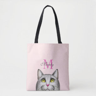 Monogram Hot Pink And Grey On Pink Cat Face Tote Bag