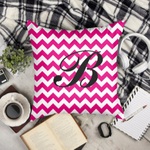 Monogram Hot Pink and White Chevron Cushion