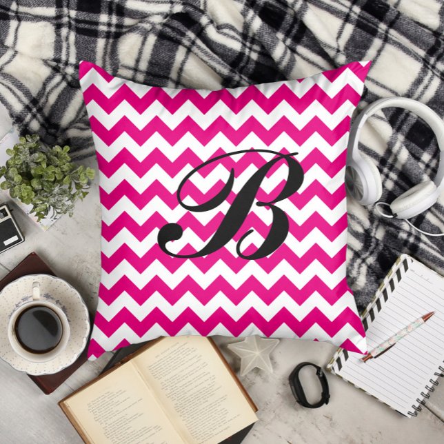Monogram Hot Pink and White Chevron Cushion (Monogram Hot Pink and White Chevron Throw Pillow)
