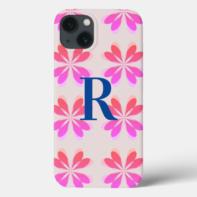 Monogram Hot Pink Blue Retro Flower Pattern Case-Mate iPhone Case (Back)