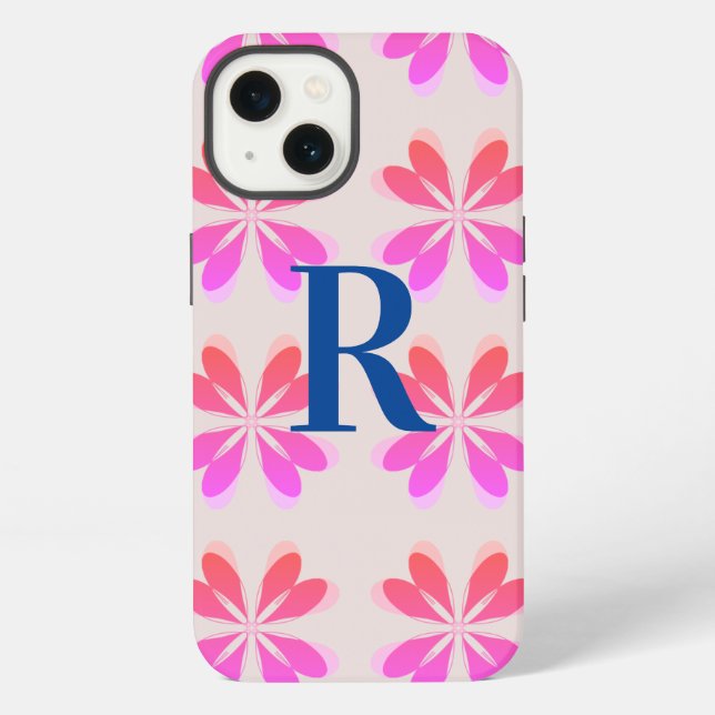 Monogram Hot Pink Blue Retro Flower Pattern iPhone Case (Back)
