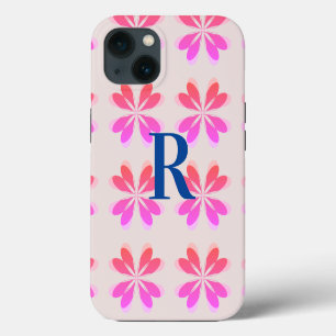 Monogram Hot Pink Blue Retro Flower Pattern iPhone 13 Case