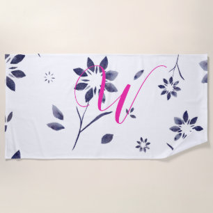 Monogram Hot Pink Blue Watercolor Flower Beach Towel