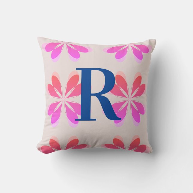 Monogram Hot Pink Bright Orange Retro Flower Cushion (Front)