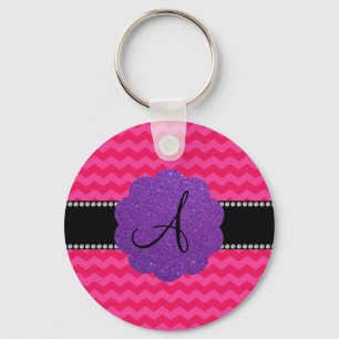 Monogram hot pink chevrons purple glitter scallop key ring