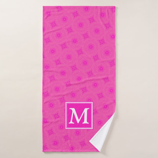 Monogram hot pink circles pattern bath towel (Bath Towel)