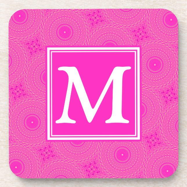 Monogram hot pink circles pattern coaster (Front)