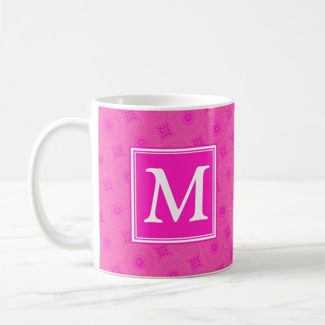 Monogram hot pink circles pattern coffee mug (Left)