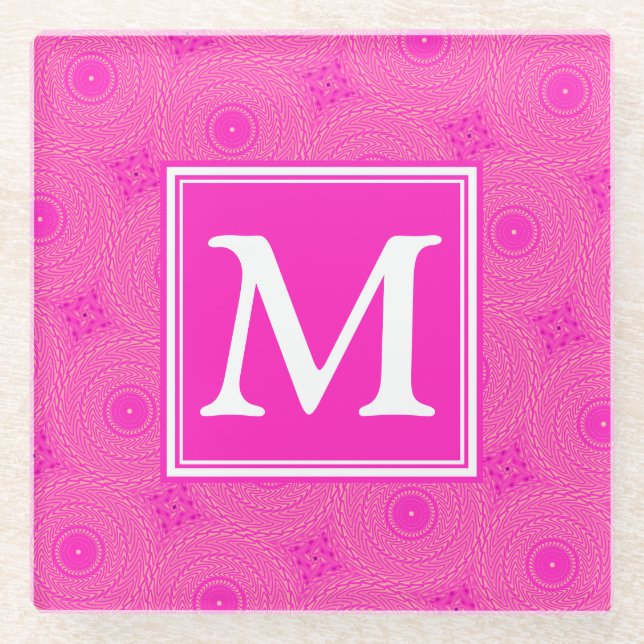 Monogram hot pink circles pattern glass coaster (Front)