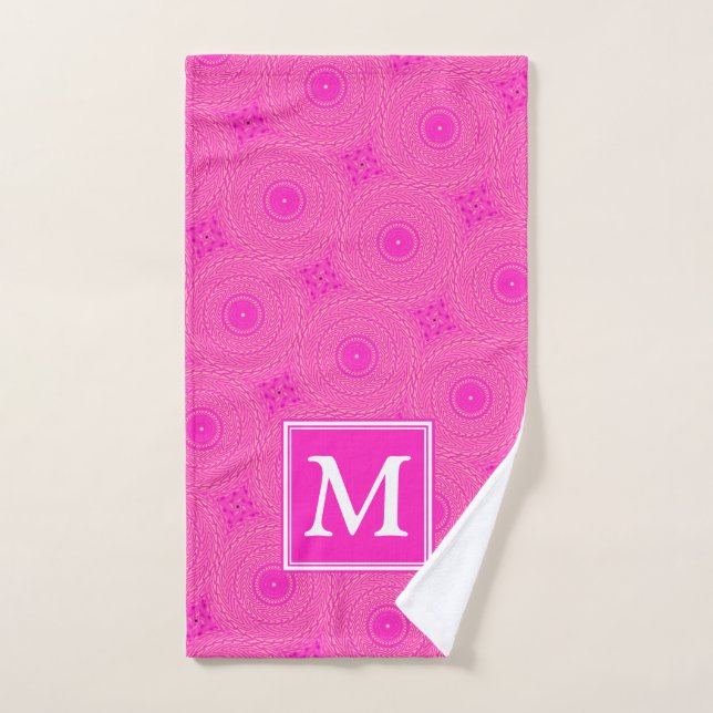 Monogram hot pink circles pattern hand towel (Hand Towel)
