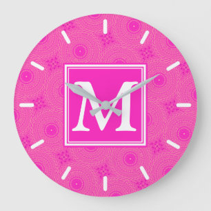 Monogram hot pink circles pattern large clock
