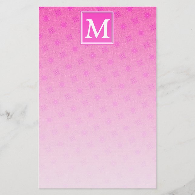 Monogram hot pink circles pattern stationery (Front)